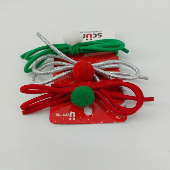 Scunci Christmas Red Silver Green Pom Pom Hair Ties Christmas Themed - Picture 4 of 7